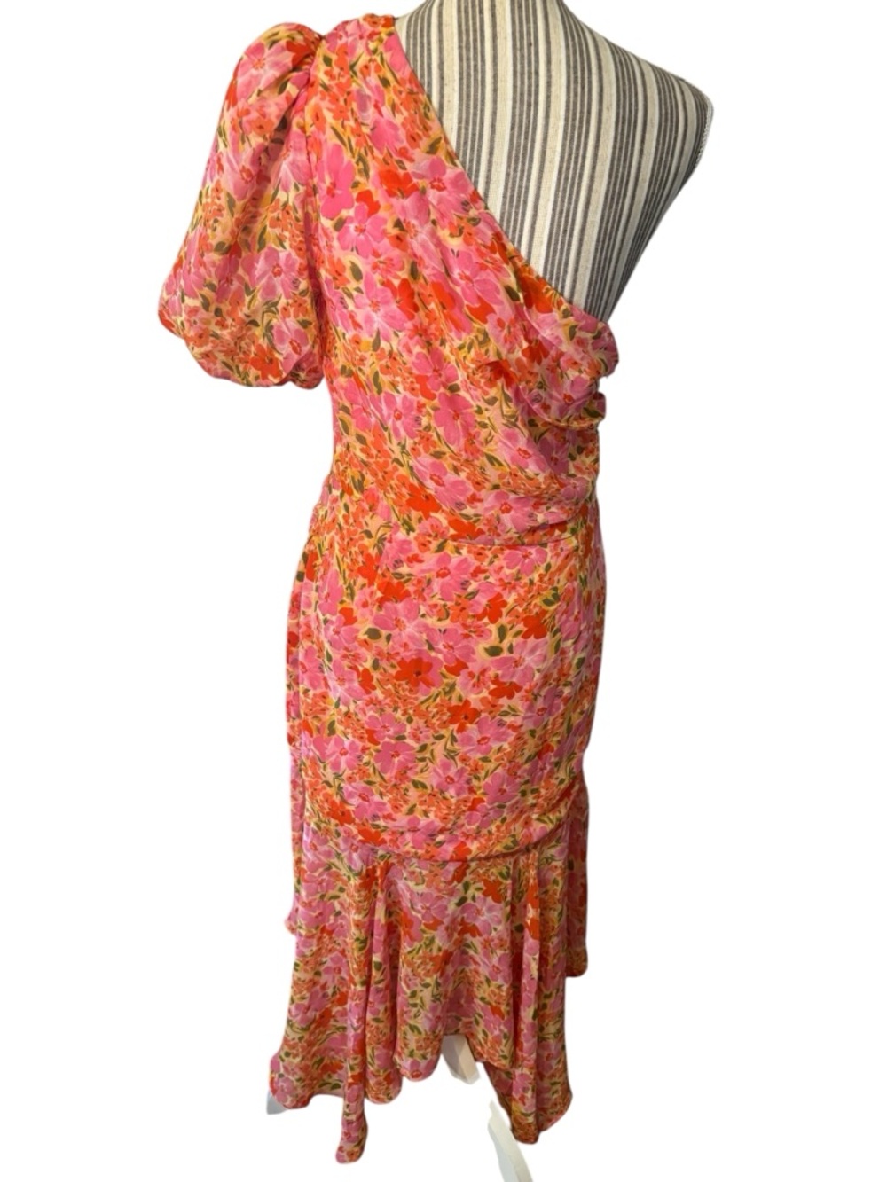 NEW ASTR Dress Large Santorini 1-Shoulder Floral Midi Chiffon Pink Orange Flowy - Picture 8 of 16